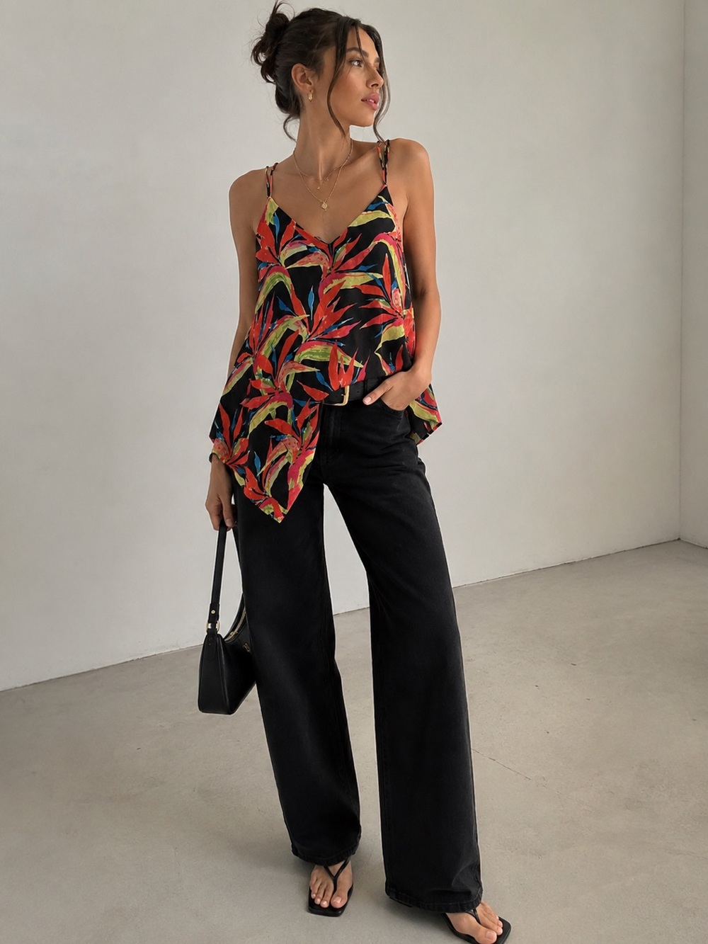 Ella Moss 100% Silk Tropical Print Cami Top Y2K Colorful Black Size XS